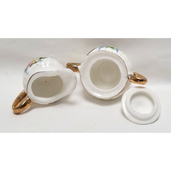 Vintage 4 Piece Miniature Bone China Creamer Sugar Tray Set Floral Gold Accents - Picture 9 of 11